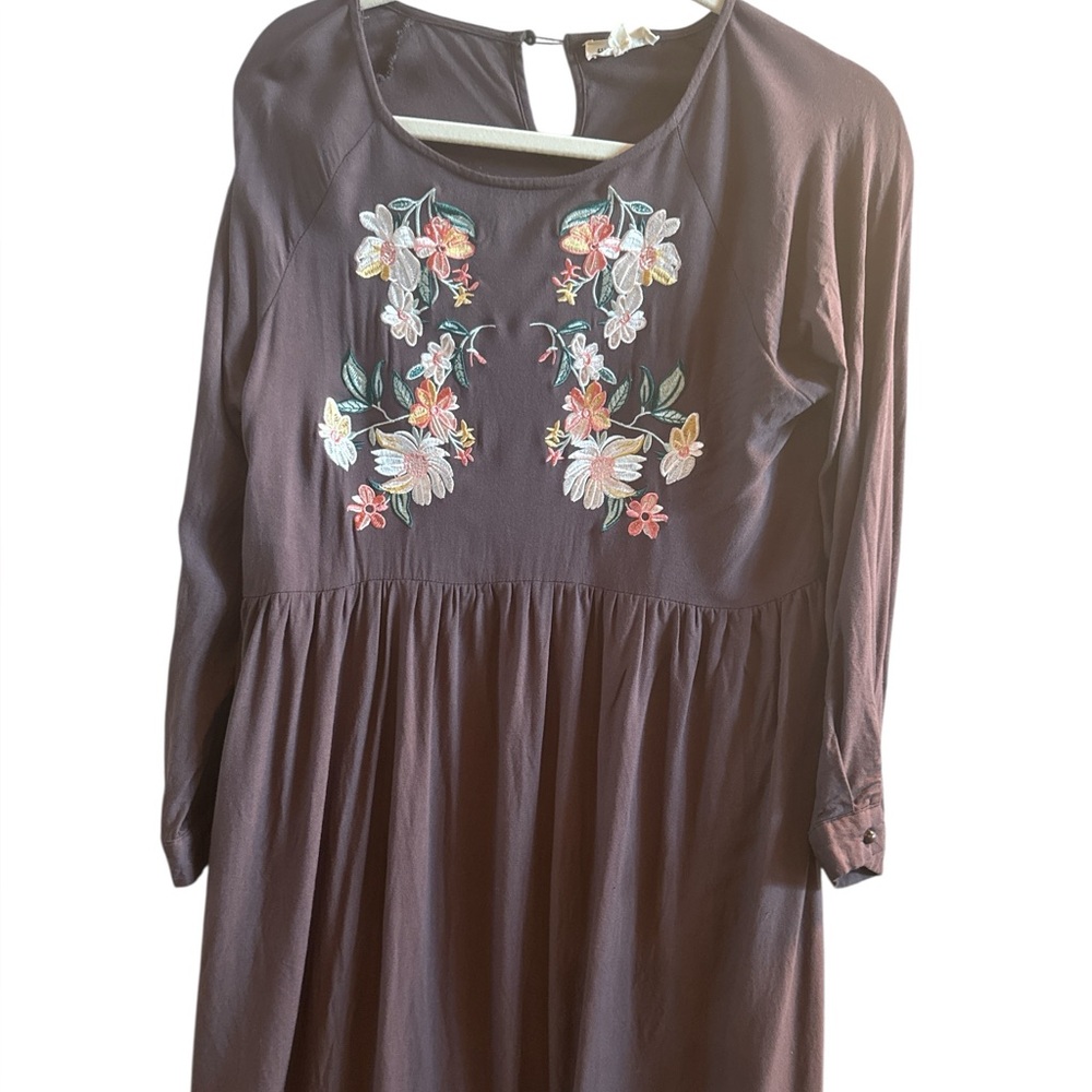 Hidden Alley Woman’s Sz Small Chocolate Brown Floral Boho Mini Dress Long Sleeve